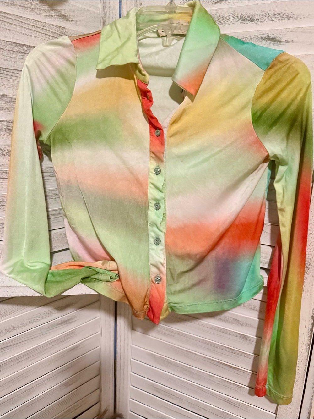 Siedres Multicolor Watercolor Print Crop Top Button Front Long Sleeve XS
